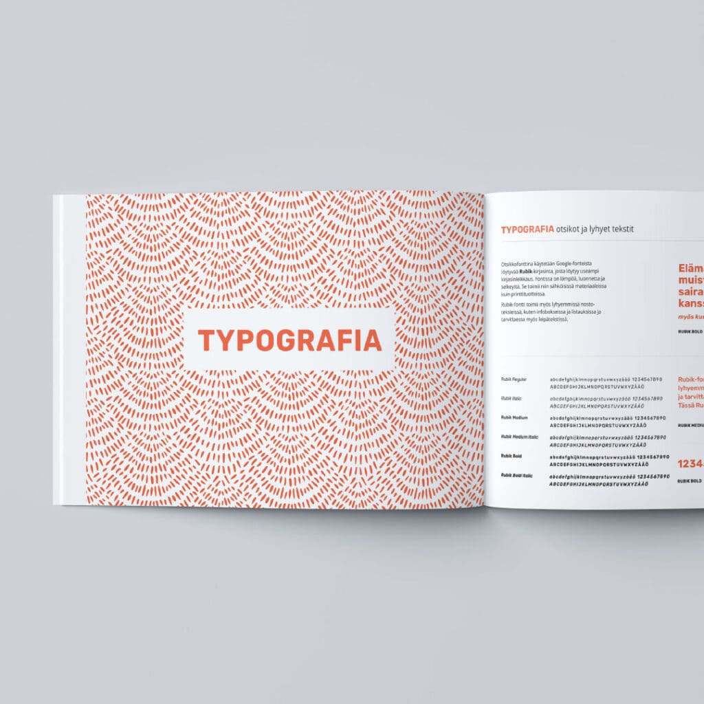 Muistiliitto Brand book graafinen ohjeisto typografia fontit